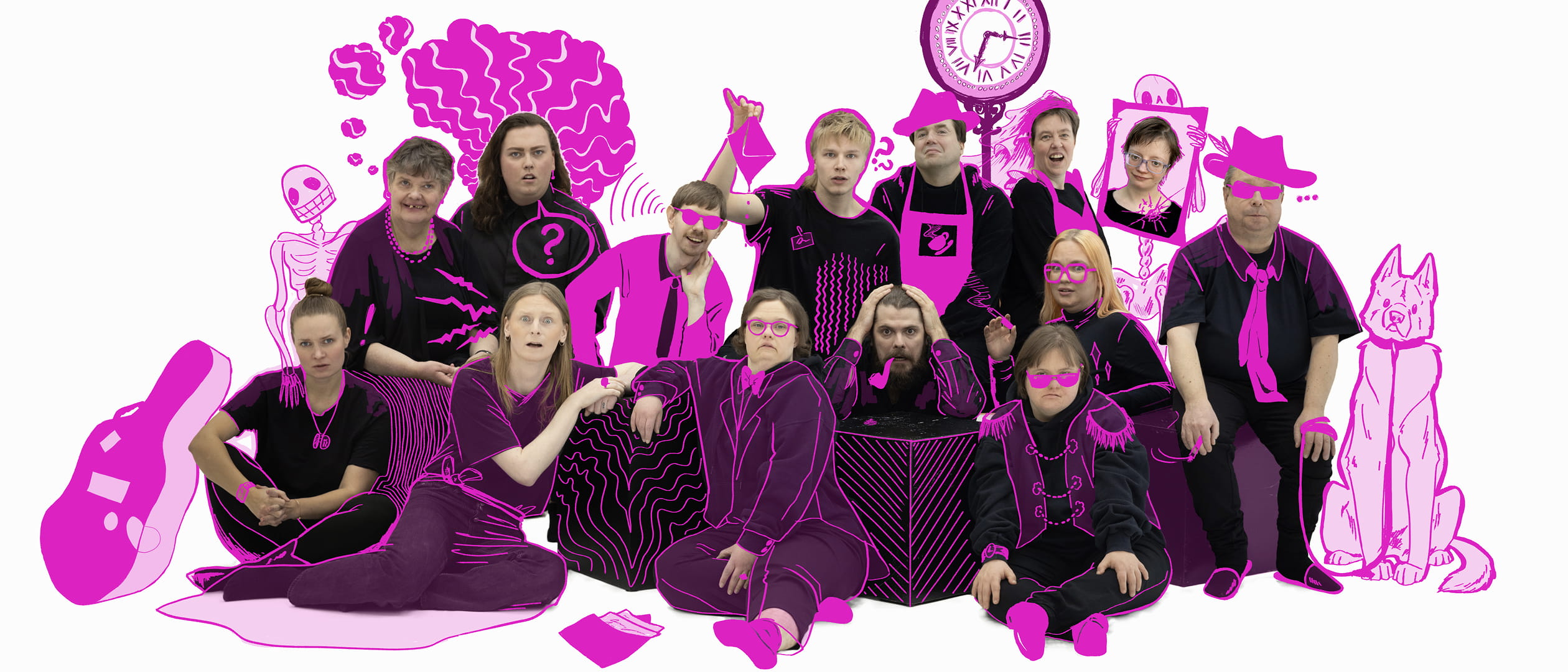 På bilden är en grupp med människor, 14 personer, klädda i svart. De står och sitter i olika positioner. Någon ser glad ut, någon ser förvånad ut, någon ser misstänksam ut och någon ser förskräckt ut. Alla tittar rakt in i kameran. På fotografiet har det lagts till illustrationer i klar pink färg. Alla personer har illustrerade pinka kläder eller detaljer på sig, så som hattar, glasögon, solglasögon eller en pipa i mungipan. Bakom människorna finns grafiska element och figurer, som benrangel, en hund och en klocka.