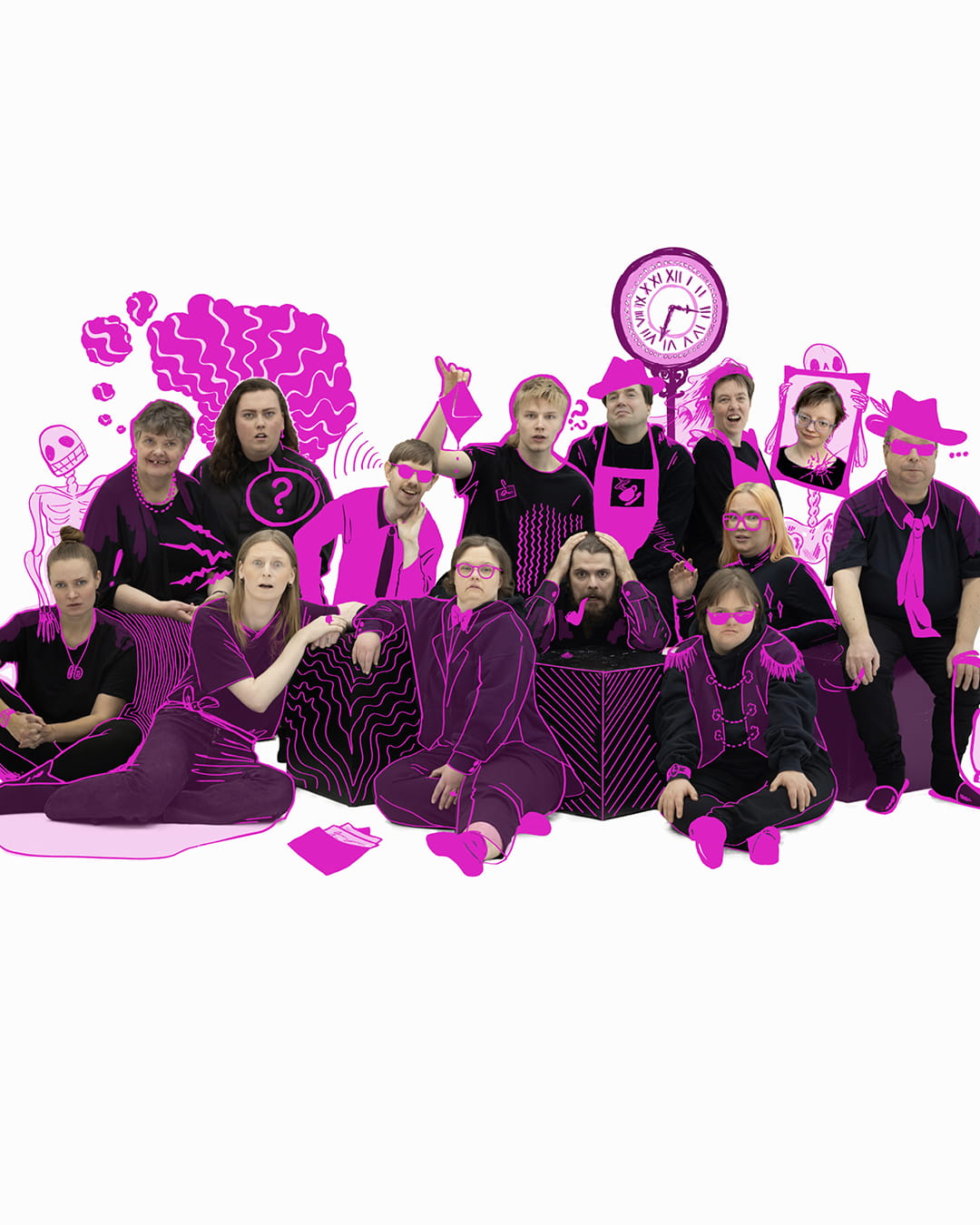 På bilden är en grupp med människor, 14 personer, klädda i svart. De står och sitter i olika positioner. Någon ser glad ut, någon ser förvånad ut, någon ser misstänksam ut och någon ser förskräckt ut. Alla tittar rakt in i kameran. På fotografiet har det lagts till illustrationer i klar pink färg. Alla personer har illustrerade pinka kläder eller detaljer på sig, så som hattar, glasögon, solglasögon eller en pipa i mungipan. Bakom människorna finns grafiska element och figurer, som benrangel, en hund och en klocka.